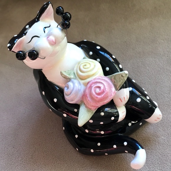 2001 Amy Lacombe Ceramic Black Polka Dot Tuxedo Cat Collectible Figurine - Picture 6 of 16